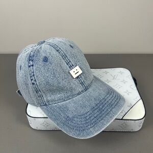 Acne Light Blue Denim Baseball Cap with Minimal Face Pin